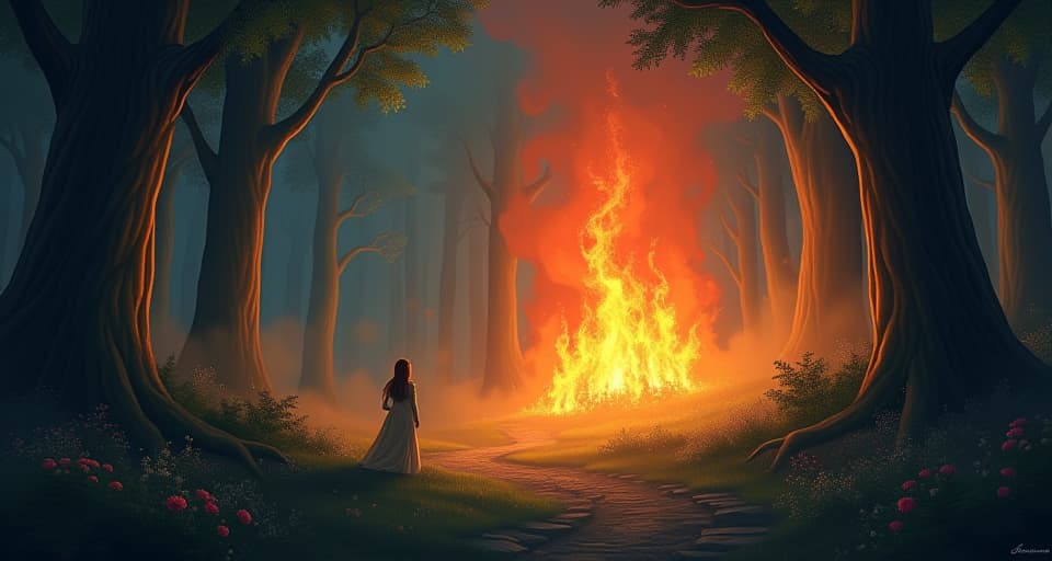  wildfire blazing through enchanted forest, ethereal beings watching in silence.. the style is digital art illustration,highly detailed, whimsical,magical, dreamlike atmosphere, realism and fantasy blend, smooth, glossy textures,luminous quality, wonder and enchantment.