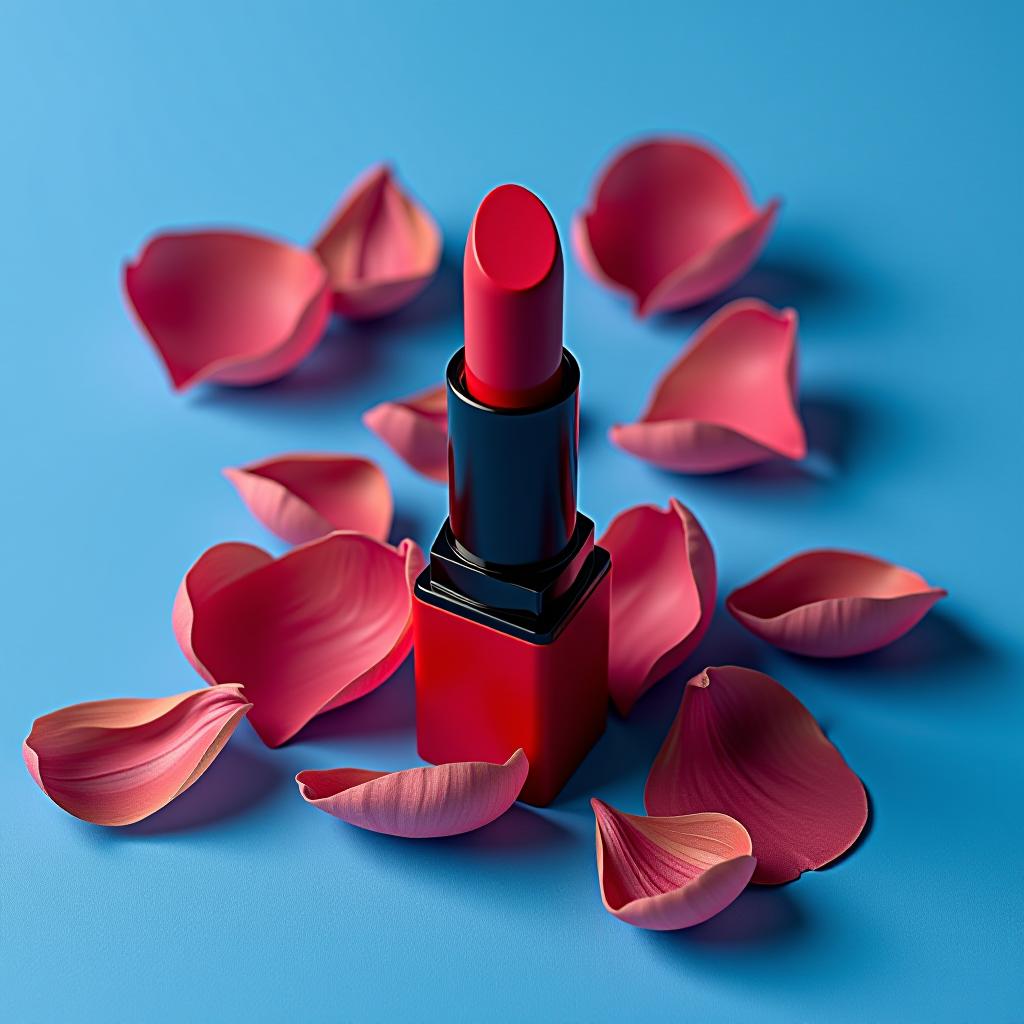  a red lipstick with petals on a blue surface