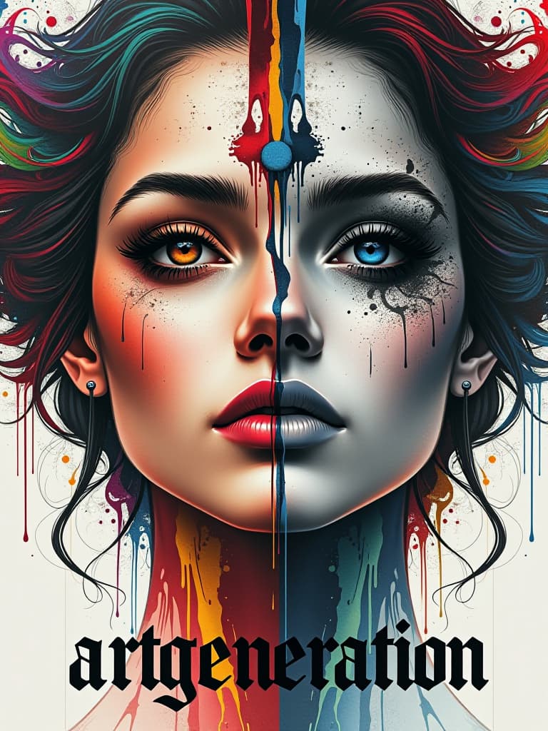  (masterpiece, diptych art:1.4), split in half, left side: (vivid, colorful woman’s face:1.3), photorealistic details, (radiant multicolored hair:1.2), expressive eyes filled with emotion, swirling patterns and textures enhancing her vibrant persona, right side: (monochromatic woman’s face:1.3), created using splattering ink techniques, deep shadows and highlights, intricate details in her features, (abstract drips and splashes:1.2), bottom center, bold text “artgeneration” in capital letters, (gothic font calligraphy:1.1), surrealism art blending both halves, striking visual contrast, deep emotional resonance, thought provoking imagery, harmonious yet discordant composition, rich textures, dynamic interplay between color and monochr hyperrealistic, full body, detailed clothing, highly detailed, cinematic lighting, stunningly beautiful, intricate, sharp focus, f/1. 8, 85mm, (centered image composition), (professionally color graded), ((bright soft diffused light)), volumetric fog, trending on instagram, trending on tumblr, HDR 4K, 8K