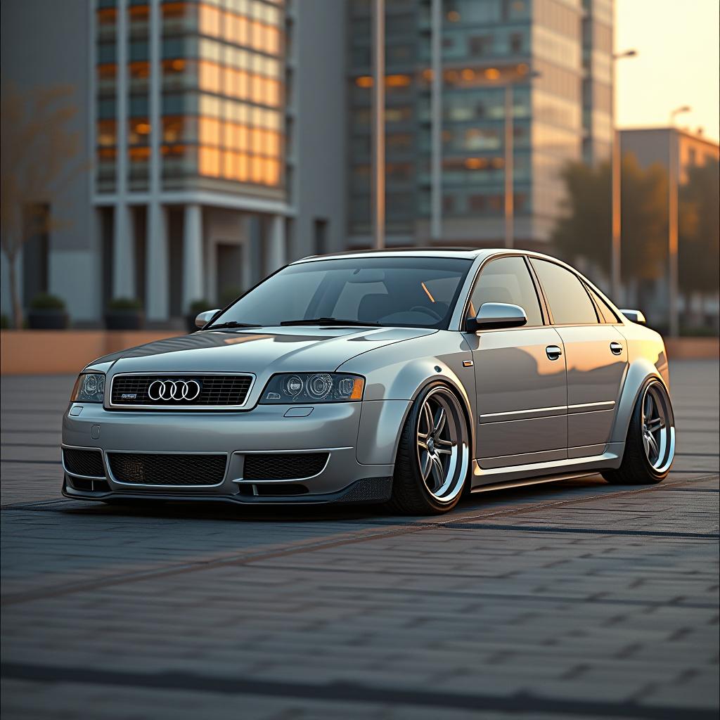  2005 audi s4, slammed, lowered, wide body, bbs wheels, work wheels, 19x12 wheels, silver, jd, 8k photo realistic, highly intricate and detailed, masterpiece, ultra high res,photography,8k resolution