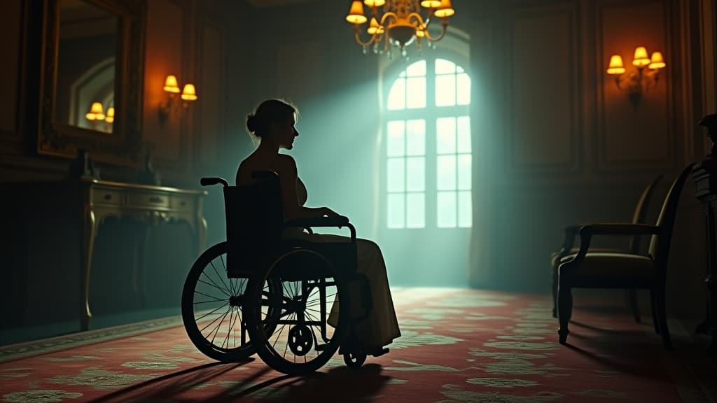  , julia returning to her inherited mansion, now confined to a wheelchair, loneliness engulfing her as she revisits her former lifestyle. hyperrealistic, full body, detailed clothing, highly detailed, cinematic lighting, stunningly beautiful, intricate, sharp focus, f/1. 8, 85mm, (centered image composition), (professionally color graded), ((bright soft diffused light)), volumetric fog, trending on instagram, trending on tumblr, HDR 4K, 8K