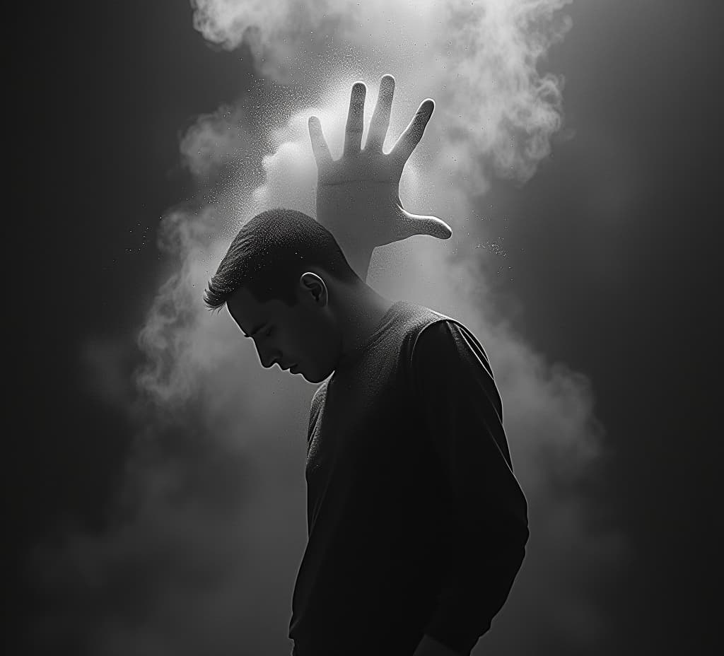  a conceptual artwork of a man disintegrating into dust, in black and white, symbolizing despair and anxiety., high quality, high details, hd, perfect composition, 4k epic detailed, highly detailed, sharp focus, high resolution