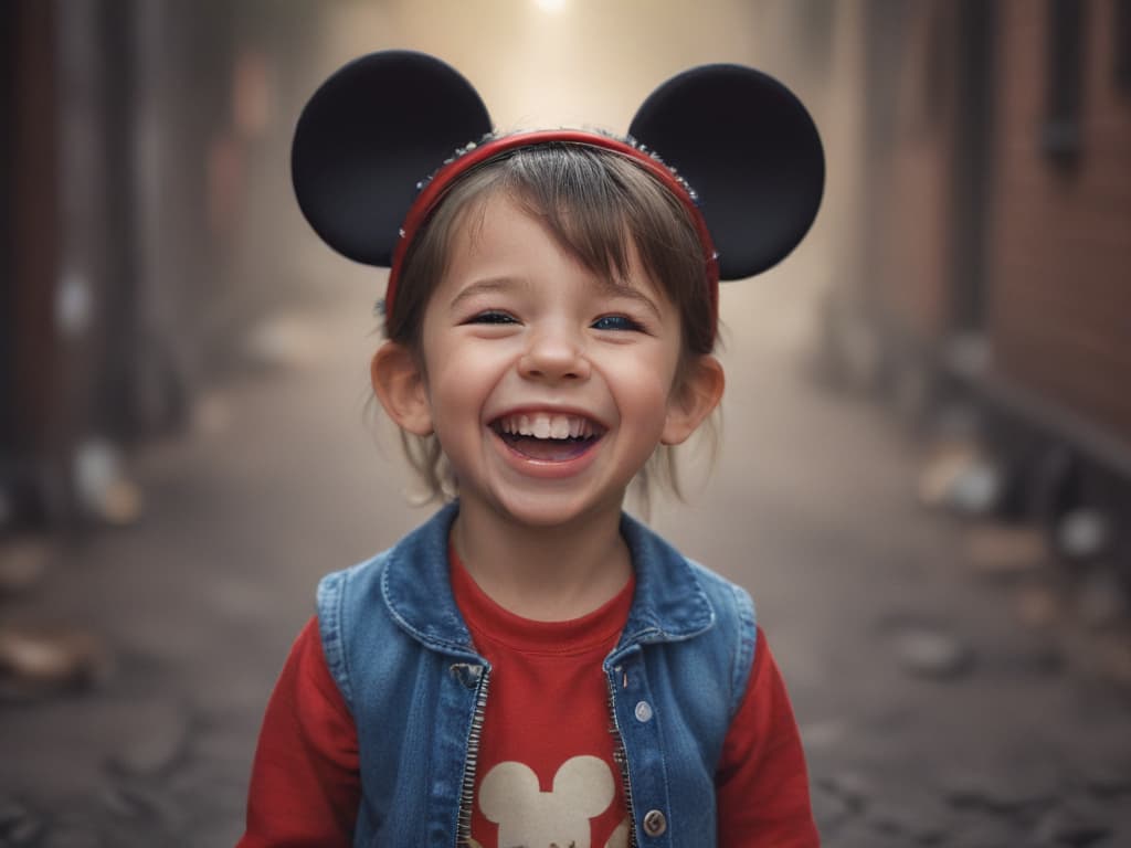 ultra realistic ((ultra realistic ((a child wearing Mickey Mouse ears and laughing)))) hyperrealistic, full body, detailed clothing, highly detailed, cinematic lighting, stunningly beautiful, intricate, sharp focus, f/1. 8, 85mm, (centered image composition), (professionally color graded), ((bright soft diffused light)), volumetric fog, trending on instagram, trending on tumblr, HDR 4K, 8K