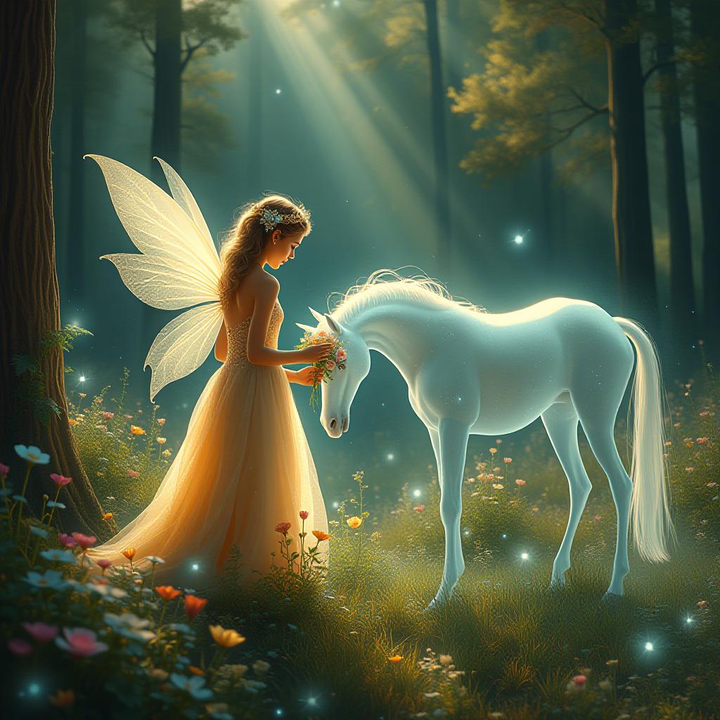  an enchanted forest scene where every action and intention are symbolized. a serene fairy in delicate, radiant attire, tending to glowing flowers while a translucent unicorn grazes nearby. the air is filled with sparkling dust, and the atmosphere is one of purposeful serenity.. the style is digital art illustration,highly detailed, whimsical,magical, dreamlike atmosphere, realism and fantasy blend, smooth, glossy textures,luminous quality, wonder and enchantment. hyperrealistic, full body, detailed clothing, highly detailed, cinematic lighting, stunningly beautiful, intricate, sharp focus, f/1. 8, 85mm, (centered image composition), (professionally color graded), ((bright soft diffused light)), volumetric fog, trending on instagram, trending on tumblr, HDR 4K, 8K