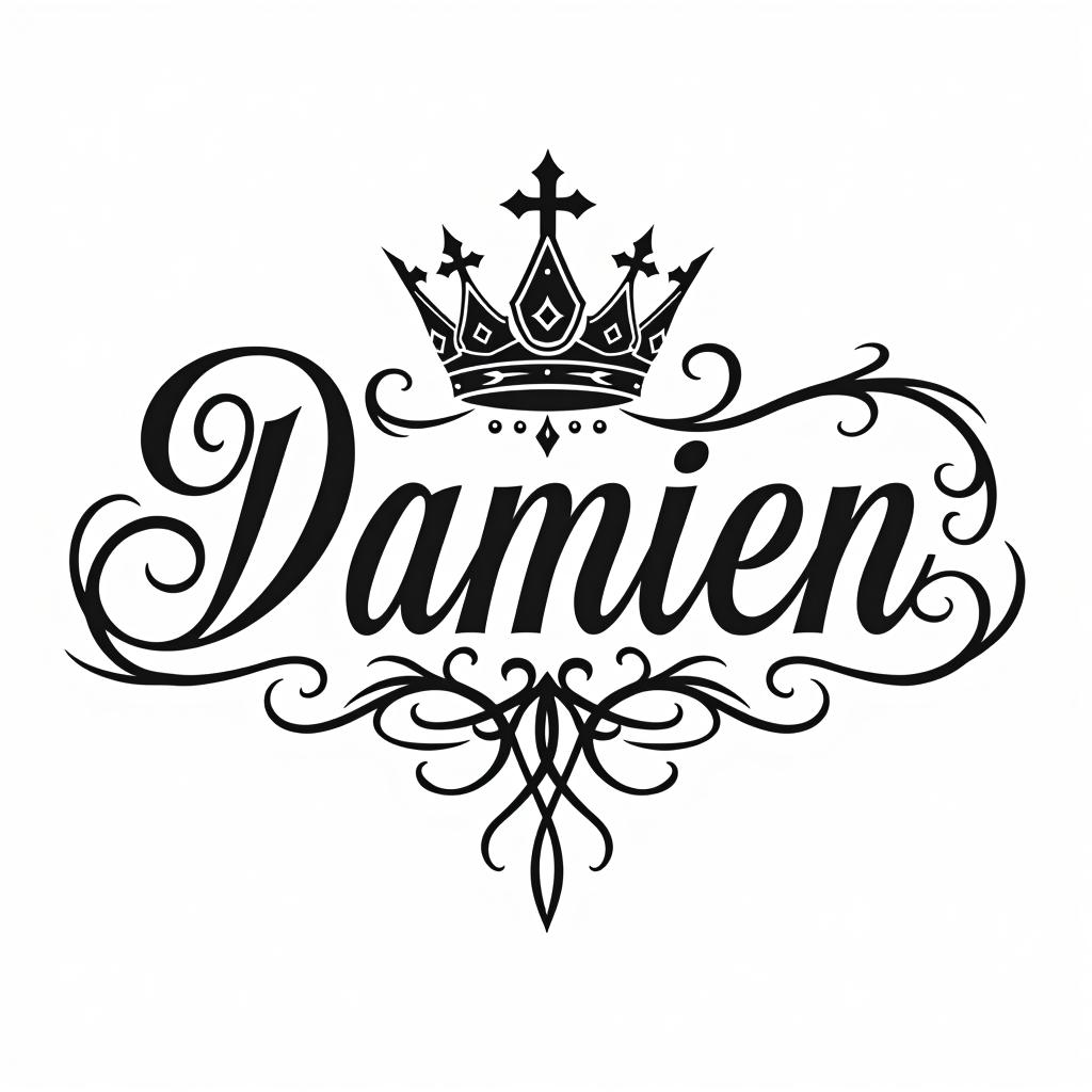  create a tattoo design, name with text 'damien' with crown on top, white background