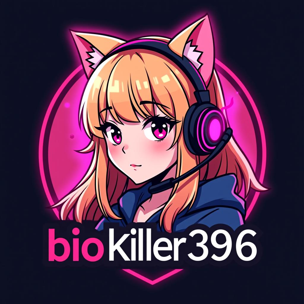  design a logo, blonde gamer girl with a cat ear headset with pink lights and smoke , with the text 'biokiller396'.