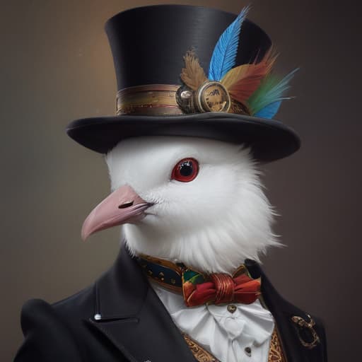 Rainbow gragqueenmagician’s top hat and headdress tuxedo with doves high Elizabethan collar wand paraso, steampunk, concept art, digital painting, artstation, dynamic lighting, ultra detailed, high quality