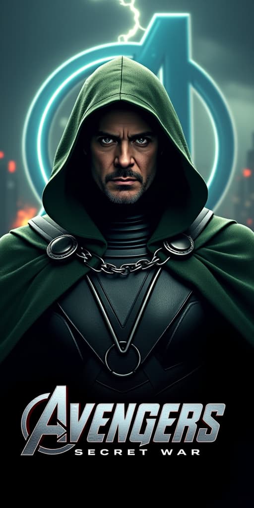  good quality, high quality, a hyper realistic movie poster for "avengers secret war" starring robert downey jr. as doctor doom. he is depicted with a sinister expression, wearing a heavily armored, dark green cloak. the background shows a war torn city in shadows, with the avengers logo partially illuminated by crackling energy.