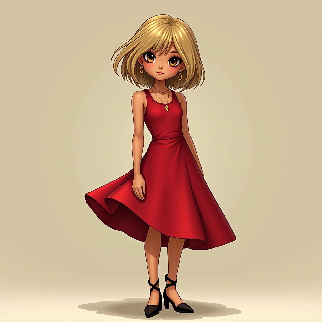  make an image of a girl with blonde bob cut and olive tan skin and brown eyes wearing a red fall dress and heels with minimal gold jewelry