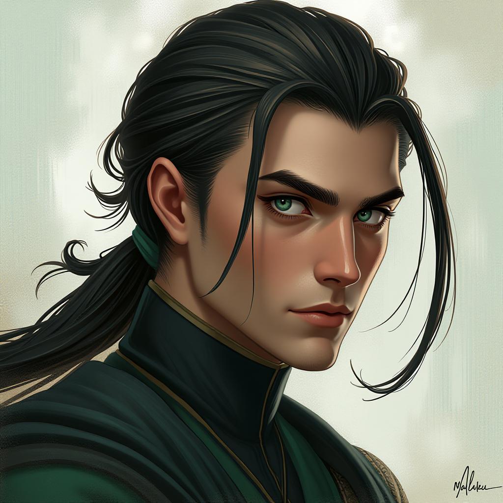  isamu madlock ,green and blue eyes ,hair slick back dark brown rat tail , muscles ,slytherin (green /black/silver ) (harry potter style ) young male, award winning, professional, highly detailed, masterpiece