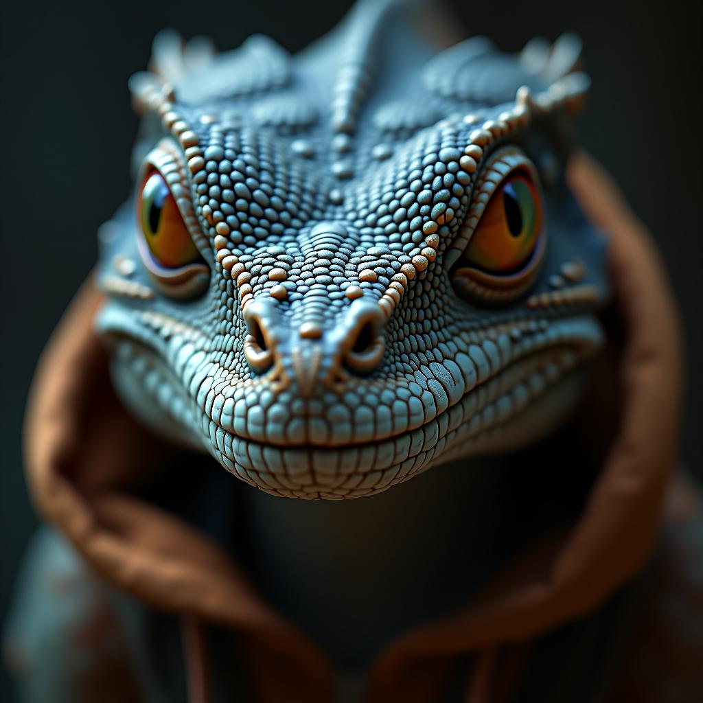  the face of a reptilian hyperrealistic, full body, detailed clothing, highly detailed, cinematic lighting, stunningly beautiful, intricate, sharp focus, f/1. 8, 85mm, (centered image composition), (professionally color graded), ((bright soft diffused light)), volumetric fog, trending on instagram, trending on tumblr, HDR 4K, 8K