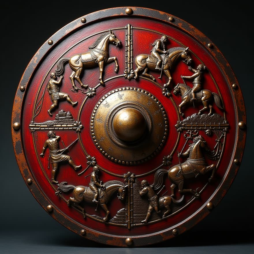  a meticulously crafted vintage war shield, showcasing intricate raised designs that symbolize past wars. the shield features a polished wooden background, adorned with detailed engravings that depict historical battle scenes and valorous figures. the color palette includes deep reds and golds, with a slight patina that hints at its storied past. the raised designs are highlighted with subtle textures, enhancing the visual depth and inviting viewers to explore the craftsmanship. the overall look is both regal and battle worn, evoking a sense of history and honor.