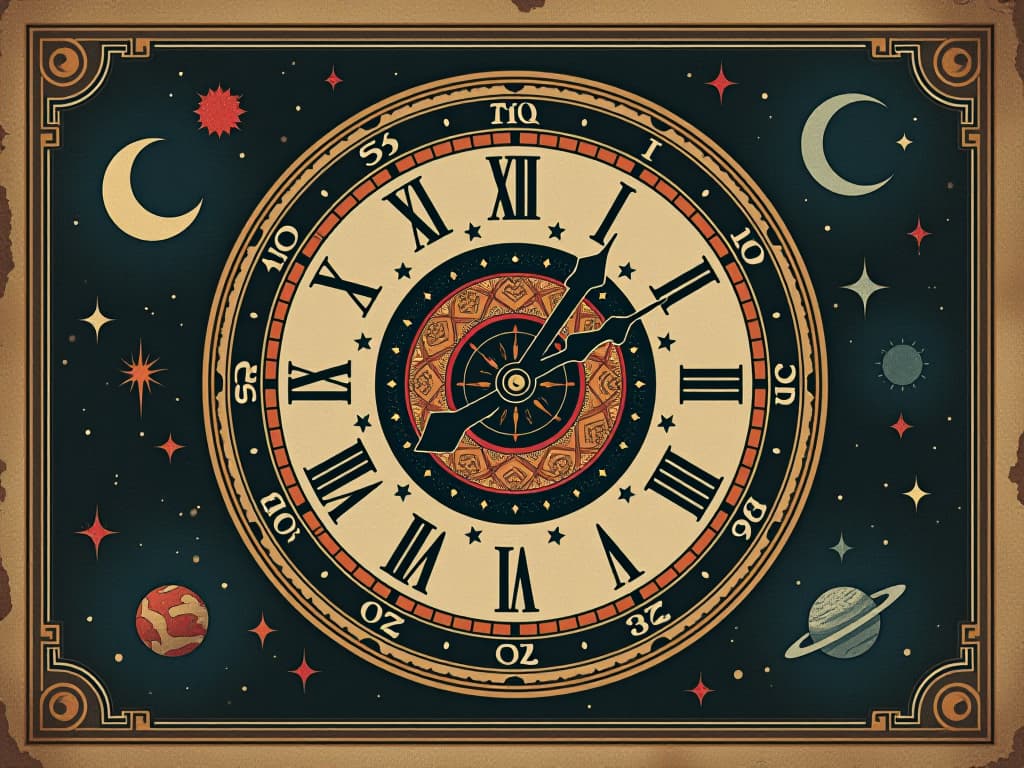  an intricate clock face with celestial bodies as its hands, galaxies and stars in the background, divine alignment, harmonious synchronization, ethereal glow. an illustration in the style of a worn, mystical old tarot trump card, mysterious and elements of surrealism. the colors are muted, somber and eerie, but with contrast bring out an occult and esoteric vibe.