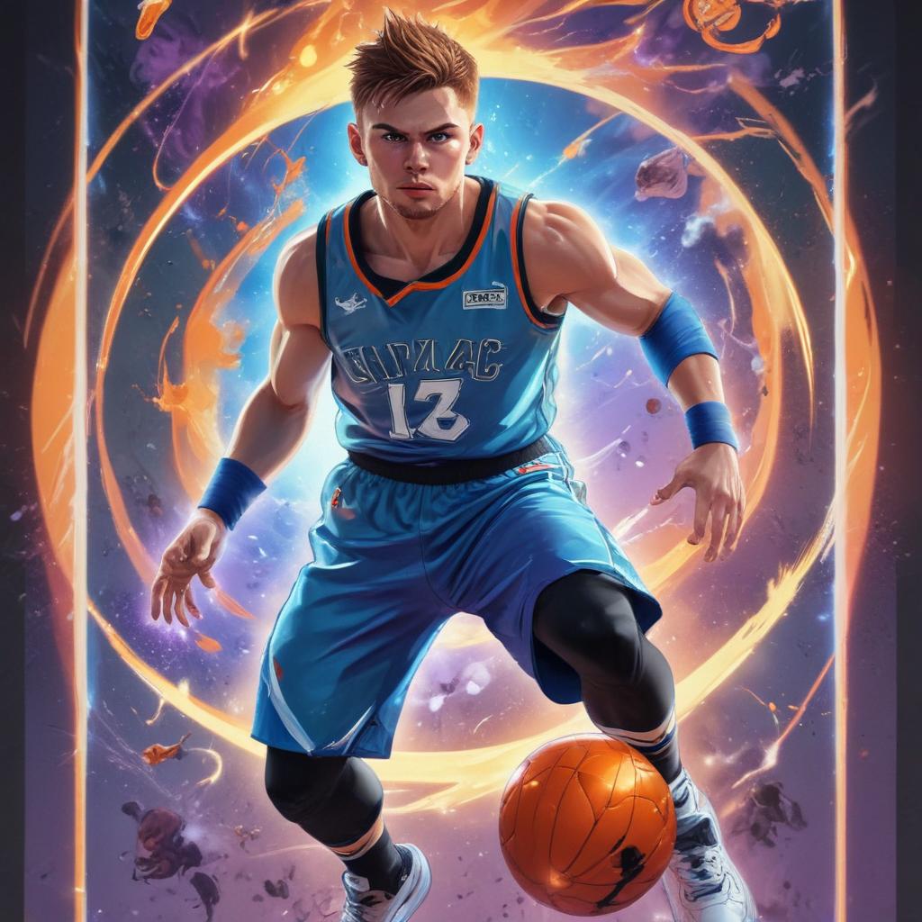 distance-shot, flashy, full-body, dynamic, holographic, animated cartoon poster of luka doncic in the style of dragon ball super