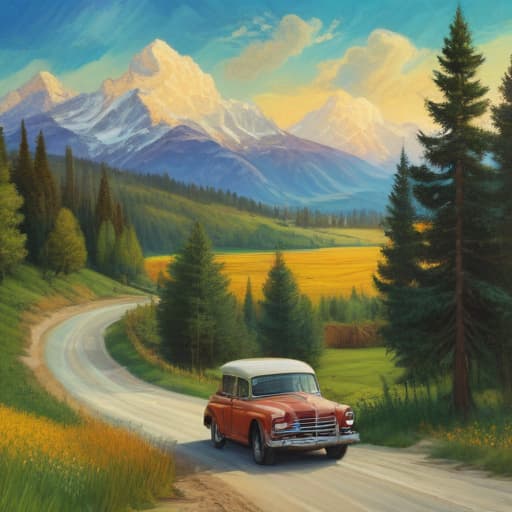 Mountains, trees, field, winding road, GM car in Van Gogh style with Forests background