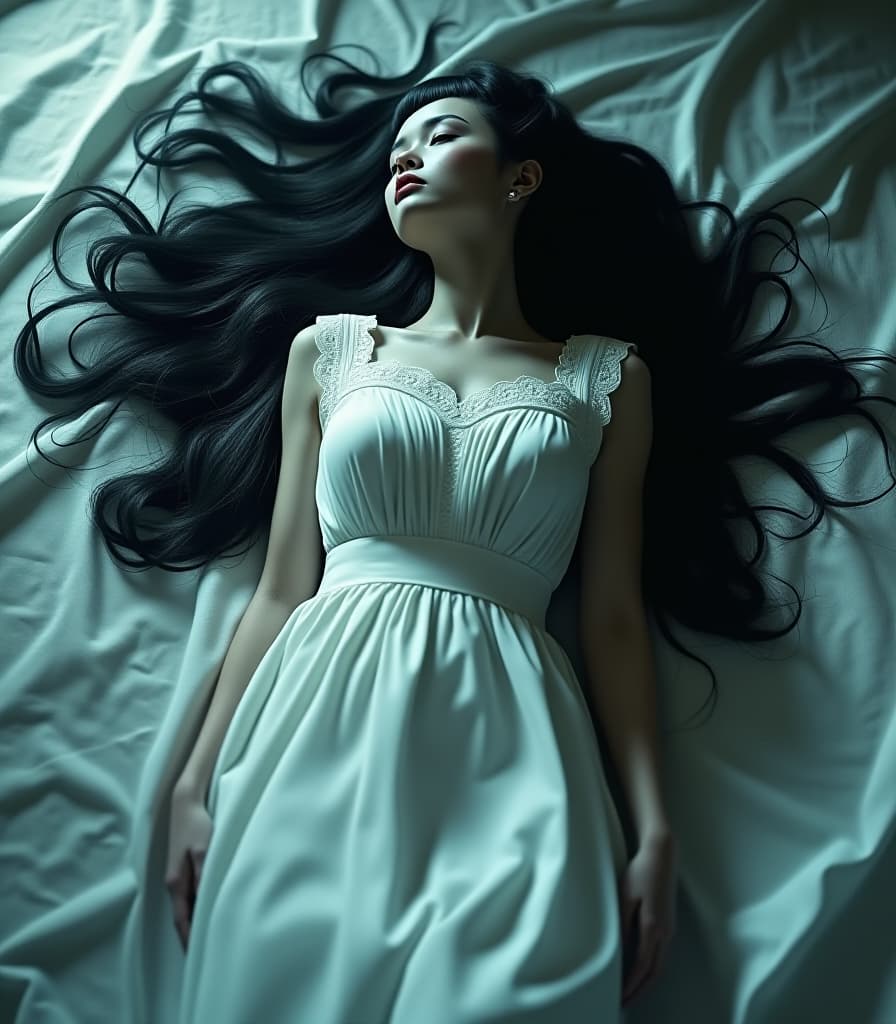  the corpse of a girl in a white dress black hair hyperrealistic, full body, detailed clothing, highly detailed, cinematic lighting, stunningly beautiful, intricate, sharp focus, f/1. 8, 85mm, (centered image composition), (professionally color graded), ((bright soft diffused light)), volumetric fog, trending on instagram, trending on tumblr, HDR 4K, 8K