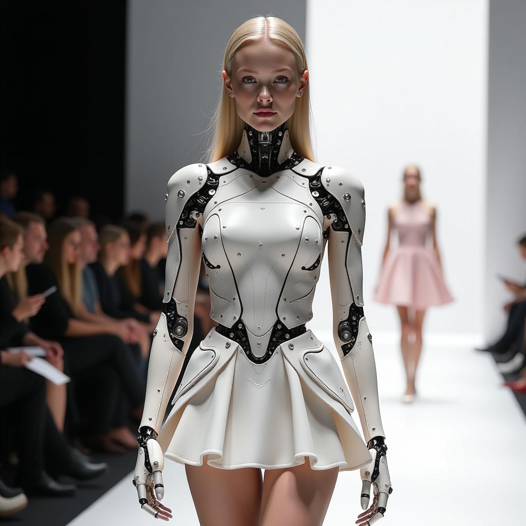  cybernetic robot real life blonde slavic models wearing beautiful dresses inspired by modern asian fashion styles, walking the runway, with the background being the fashion show. the neckline of the dress the model is wearing is round, and the hemline is short. the model is facing forward. ar 4:5 v 6.1 . android, ai, machine, metal, wires, tech, futuristic, highly detailed