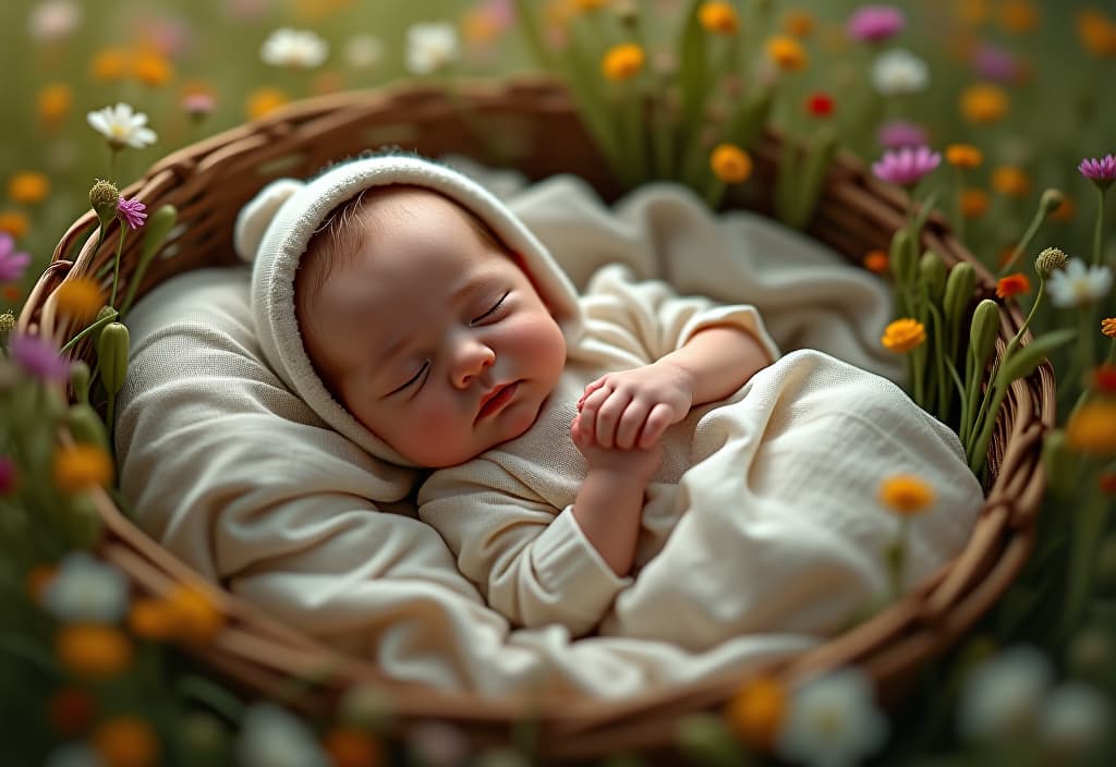  hyperrealistic art the newborn baby sleeps in a bed with a lot of rumishes and field flowers, she's in a light dress, she's wearing a bowl on the head. see the woods. . extremely high resolution details, photographic, realism pushed to extreme, fine texture, incredibly lifelike hyperrealistic, full body, detailed clothing, highly detailed, cinematic lighting, stunningly beautiful, intricate, sharp focus, f/1. 8, 85mm, (centered image composition), (professionally color graded), ((bright soft diffused light)), volumetric fog, trending on instagram, trending on tumblr, HDR 4K, 8K