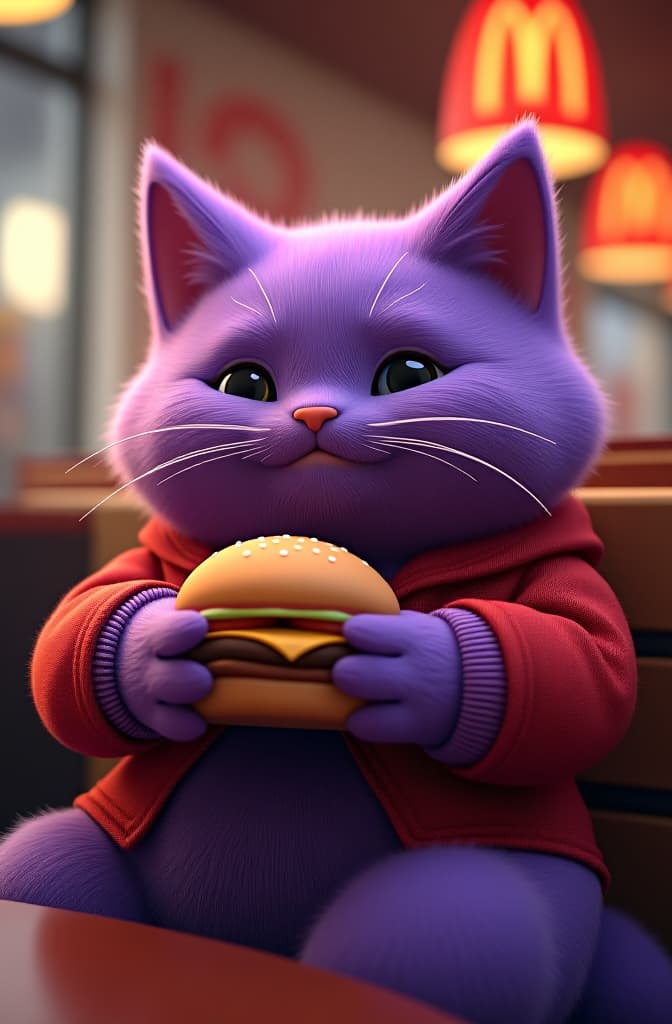  the chubby purple cat is sitting inside a mcdonald's restaurant, enjoying a burger. the cat looks happy and relaxed, with a slight smile on its face. the scene features a 3d design, with mcdonald's interior decor visible in the background. hyperrealistic, full body, detailed clothing, highly detailed, cinematic lighting, stunningly beautiful, intricate, sharp focus, f/1. 8, 85mm, (centered image composition), (professionally color graded), ((bright soft diffused light)), volumetric fog, trending on instagram, trending on tumblr, HDR 4K, 8K