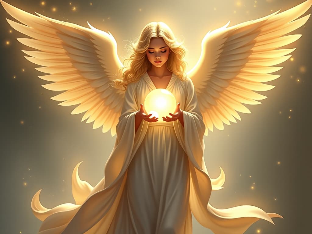  a radiant angel in flowing robes, holding a crystal sphere, surrounded by ethereal light. mystical, glowing, celestial.. the style is digital art illustration,highly detailed, whimsical,magical, dreamlike atmosphere, realism and fantasy blend, smooth, glossy textures,luminous quality, wonder and enchantment.