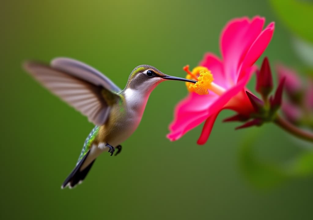  close up macro shot of a hummingbird in mid flight, sipping nectar from a vibrant flower . nature photography background wallpaper.