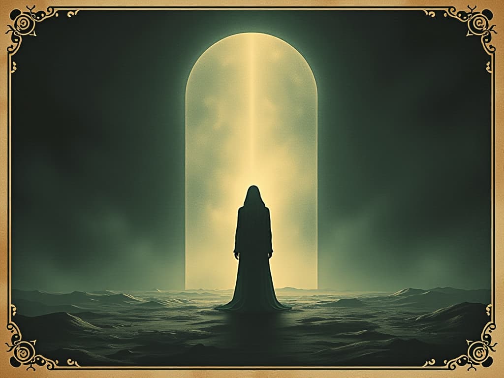  person standing before a shimmering portal, otherworldly glow, silhouetted figure, portal edges pulsate with light, ethereal. an illustration in the style of a worn, mystical old tarot trump card, mysterious and elements of surrealism. the colors are muted, somber and eerie, but with contrast bring out an occult and esoteric vibe.