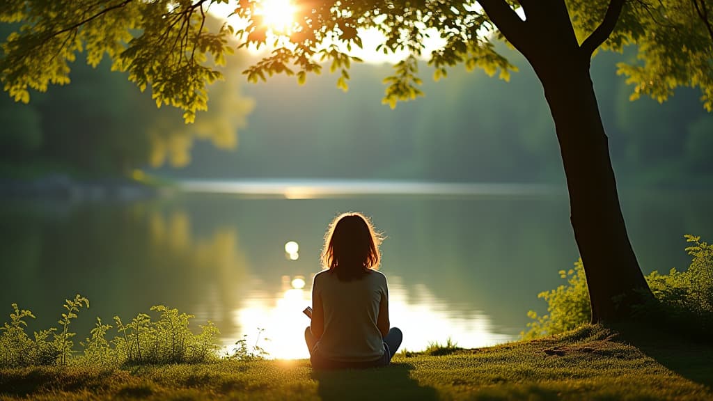  the girl sat by the lake and read quietly. the sun shone on her through the leaves, and the scenery was peaceful and beautiful