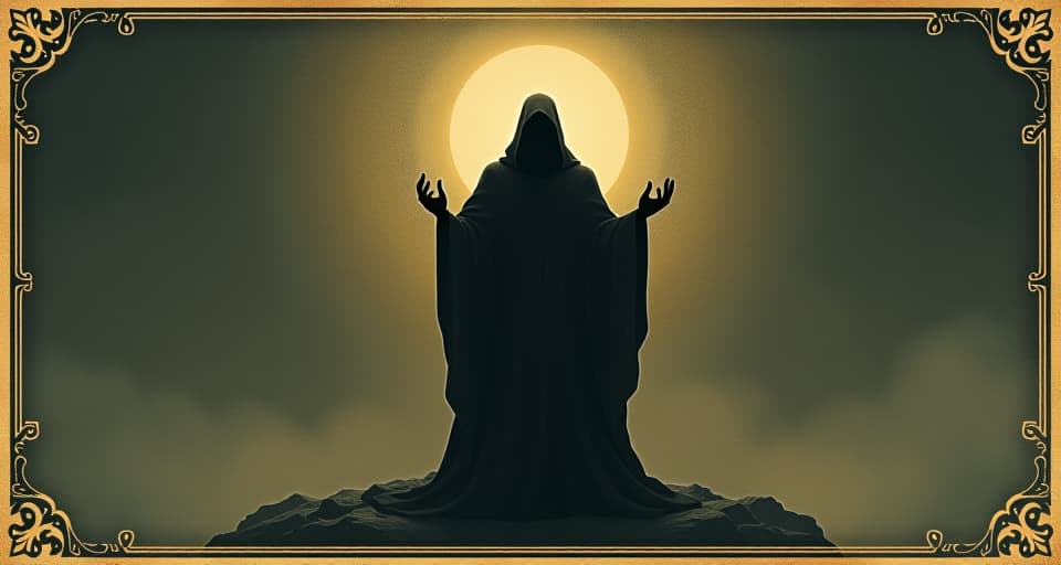  a silhouetted figure standing strong, dark robed garment, halo of ethereal light, defiant, resilient, empowered. an illustration in the style of a worn, mystical old tarot trump card, mysterious and elements of surrealism. the colors are muted, somber and eerie, but with contrast bring out an occult and esoteric vibe.