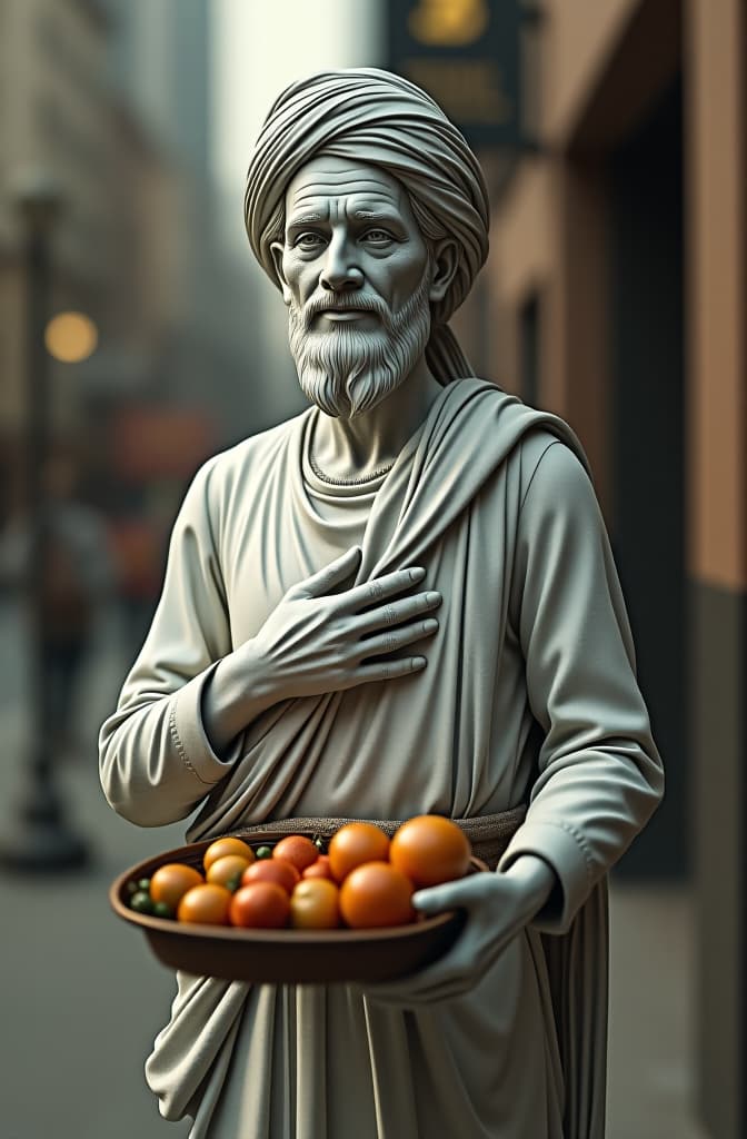  an indian man selling food on the side of the street, statue made of marble, futuristic cybernetic, transhumanism, full body shot, perfect symmetrical body, perfect symmetrical face, hyper realistic, hyper detailed, by johannen voss, by peter kemp, by monia merlo, by michelangelo, octane render, blender, 8 k hyperrealistic, full body, detailed clothing, highly detailed, cinematic lighting, stunningly beautiful, intricate, sharp focus, f/1. 8, 85mm, (centered image composition), (professionally color graded), ((bright soft diffused light)), volumetric fog, trending on instagram, trending on tumblr, HDR 4K, 8K