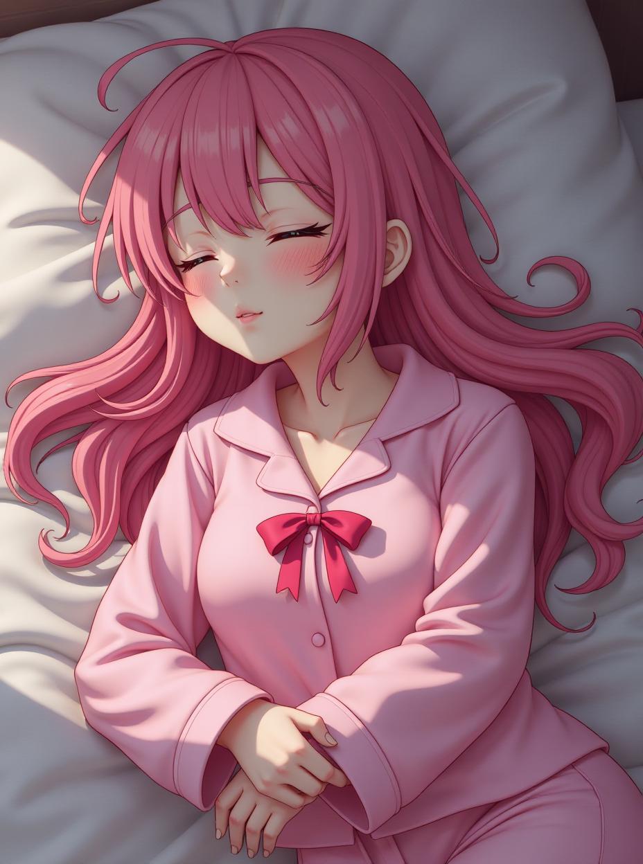  long pink hair, closed eyes, old, girl, pink pyjamas, laying on bed, sleeping, full body, ribbon , gigantic s, hypers, atb, full body, high quality, high details, hd, perfect composition, 4k epic detailed, highly detailed, sharp focus, high resolution