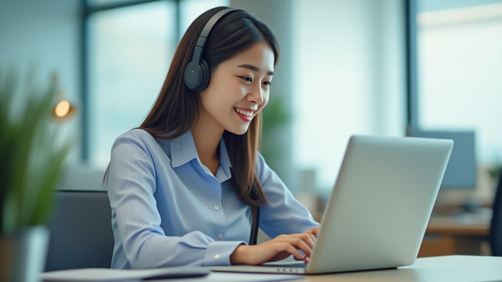  happy korean call center agent wearing headset talking to client working in customer support office. professional contract service telemarketing operator using laptop having conversation. ar 16:9 {prompt}, maximum details