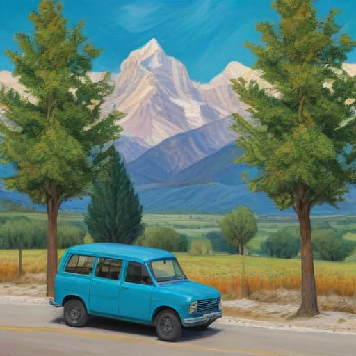 Mountains, trees, street, car in Van Gogh style with Mountains background