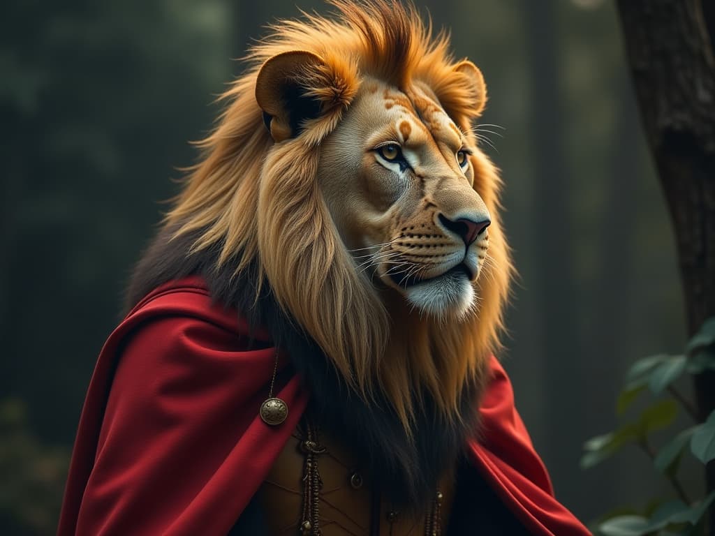  a lion as a king hyperrealistic, full body, detailed clothing, highly detailed, cinematic lighting, stunningly beautiful, intricate, sharp focus, f/1. 8, 85mm, (centered image composition), (professionally color graded), ((bright soft diffused light)), volumetric fog, trending on instagram, trending on tumblr, HDR 4K, 8K