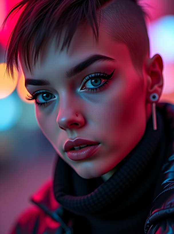  ultra realistic close up portrait ((beautiful pale cyberpunk female with heavy black eyeliner)), blue eyes, shaved side haircut, hyper detail, cinematic lighting, magic neon, dark red city, canon eos r3, nikon, f/1.4, iso 200, 1/160s, 8k, raw, unedited, symmetrical balance, in frame, 8k hyperrealistic, full body, detailed clothing, highly detailed, cinematic lighting, stunningly beautiful, intricate, sharp focus, f/1. 8, 85mm, (centered image composition), (professionally color graded), ((bright soft diffused light)), volumetric fog, trending on instagram, trending on tumblr, HDR 4K, 8K