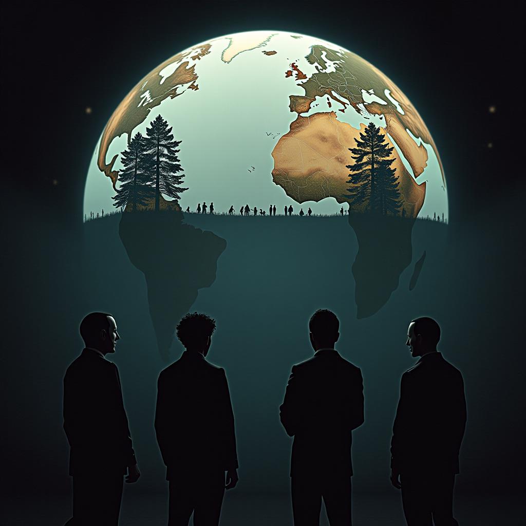  cinematic photo four men in anonymous masks stand and look at a reduced earthly world with trees, seas, people and gods, a dark background, people looking down on the hemisphere . 35mm photograph, film, bokeh, professional, 4k, highly detailed