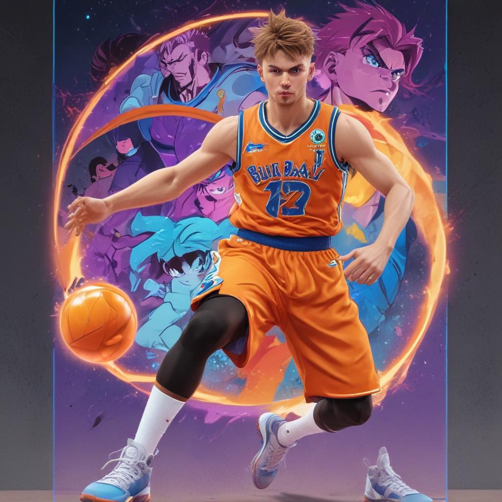 distance-shot, flashy, full-body, dynamic, holographic, animated cartoon poster of luka doncic in the style of dragon ball super