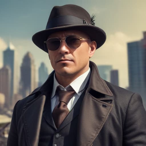 Reymond reddington with sunglasses old in Steampunk style with City background