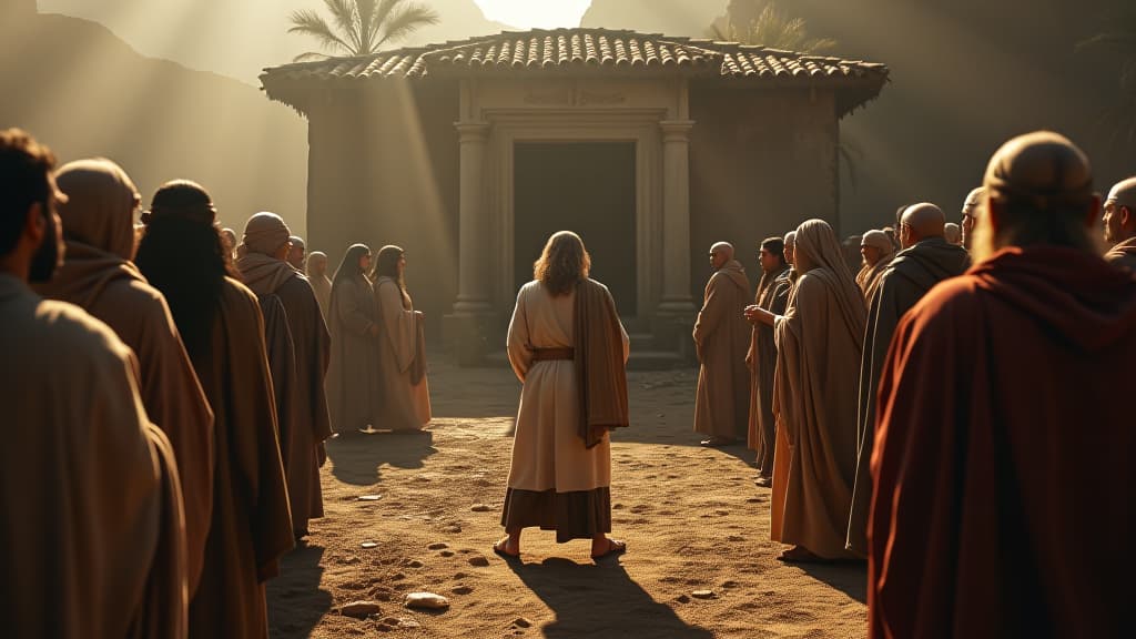  history of biblical times, the townspeople of ofra discovering the destroyed altar of baal, displaying their shock and outrage, gathering in front of gideon's home demanding justice. hyperrealistic, full body, detailed clothing, highly detailed, cinematic lighting, stunningly beautiful, intricate, sharp focus, f/1. 8, 85mm, (centered image composition), (professionally color graded), ((bright soft diffused light)), volumetric fog, trending on instagram, trending on tumblr, HDR 4K, 8K