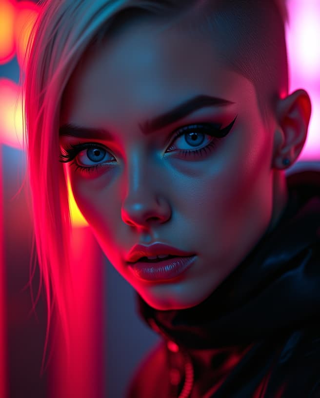  ultra realistic close up portrait ((beautiful pale cyberpunk female with heavy black eyeliner)), blue eyes, shaved side haircut, hyper detail, cinematic lighting, magic neon, dark red city, canon eos r3, nikon, f/1.4, iso 200, 1/160s, 8k, raw, unedited, symmetrical balance, in frame, 8k hyperrealistic, full body, detailed clothing, highly detailed, cinematic lighting, stunningly beautiful, intricate, sharp focus, f/1. 8, 85mm, (centered image composition), (professionally color graded), ((bright soft diffused light)), volumetric fog, trending on instagram, trending on tumblr, HDR 4K, 8K