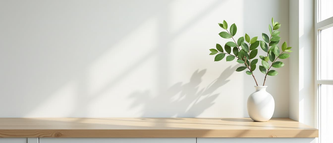  kitchen wooden countertop on white wall background. minimalistic room with tabletop and plant in vase for product presentation. clean closeup mockup., high quality, high details, hd, perfect composition, 4k epic detailed, highly detailed, sharp focus, high resolution