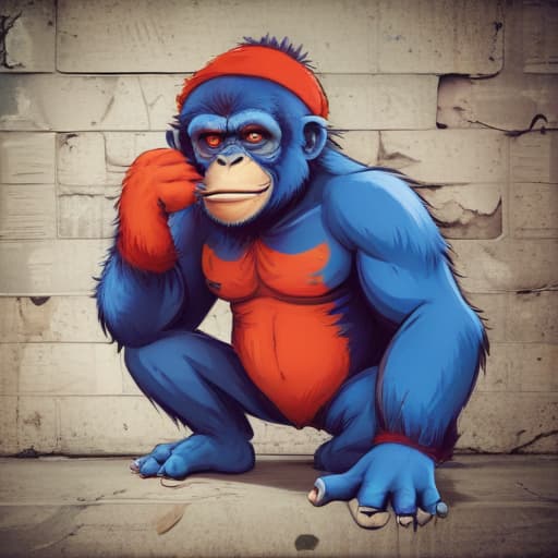 Drunky monkey ape red blue gorilla in Cartoon style with Old Wall background