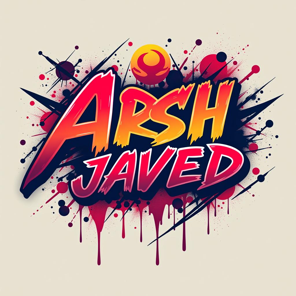  graffiti art style, create a logo, using photoshop style effects. the logo should prominently feature the text 'arsh javed' in a dynamic, anime inspired font. incorporate elements and motifs from anime naruto, such as the sharingan or naruto’s headband, but ensure the design is unique and original. the color scheme should be bold and vibrant, reflecting the energy and style of the anime, dynamic, dramatic, vibrant colors, graffiti art style