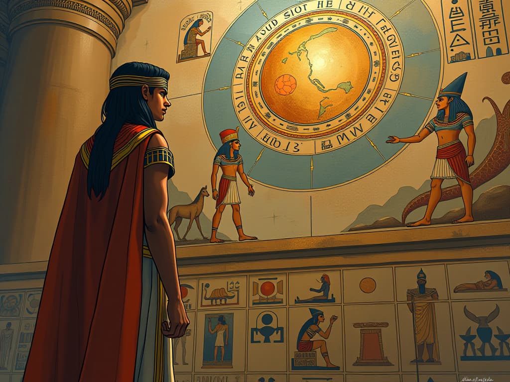  a young egyptian philosopher staring intently at an elaborate mural depicting the creation of the world, hieroglyphs and celestial symbols abound, marking the thirst for understanding. the style is digital art illustration / modern comic book / mysterious occult, symbolic, esoteric vibe,high detail on character design, incorporating ancient egyptian symbology and attire.