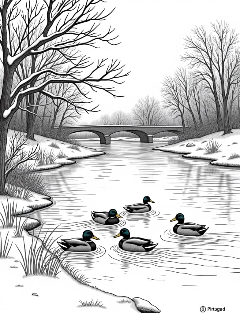  this is for an adult coloring page. a detailed black and white line art of a snowy snow covered riverbank with a group of ducks swimming on a solid white background.