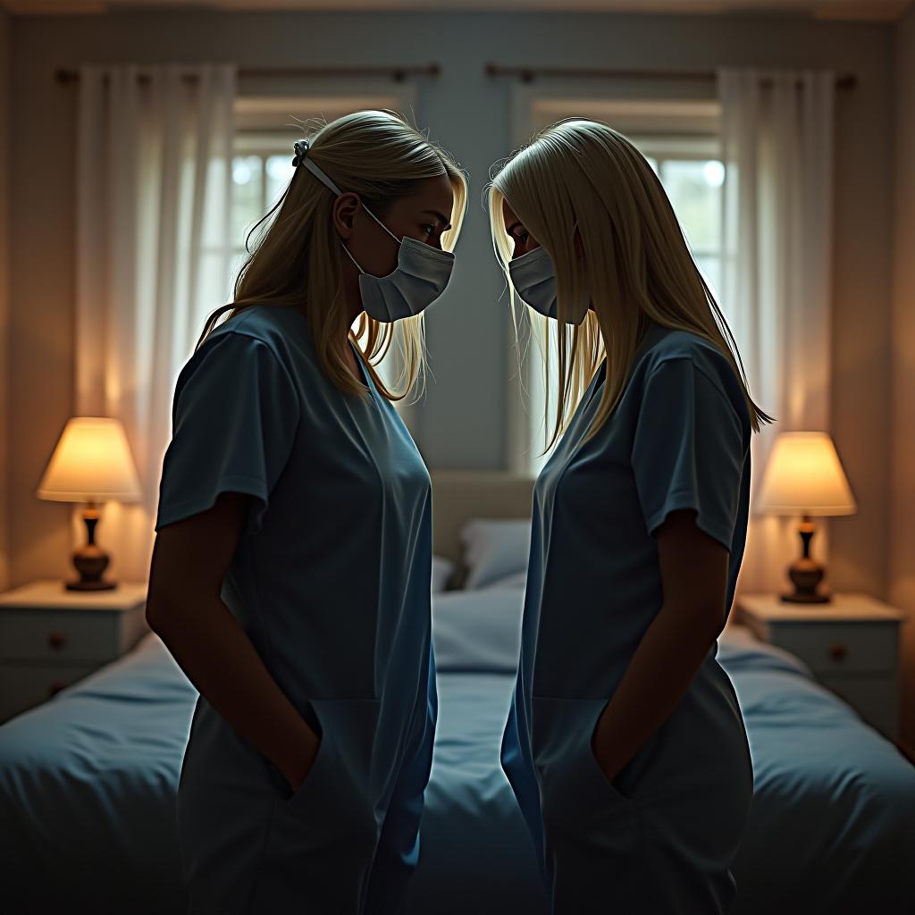  sylvia and crystal , blonde hair, standing with hands in pockets in a bedroom, cinematic lighting, social realism, , surgical mask, sad, photo realistic, highly intricate and detailed, masterpiece, ultra high res,photography,8k resolution