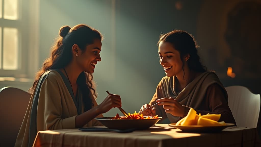  history of biblical times, a heartwarming scene of ruth and naomi sharing a humble meal together in their new home, showcasing their growing bond. hyperrealistic, full body, detailed clothing, highly detailed, cinematic lighting, stunningly beautiful, intricate, sharp focus, f/1. 8, 85mm, (centered image composition), (professionally color graded), ((bright soft diffused light)), volumetric fog, trending on instagram, trending on tumblr, HDR 4K, 8K