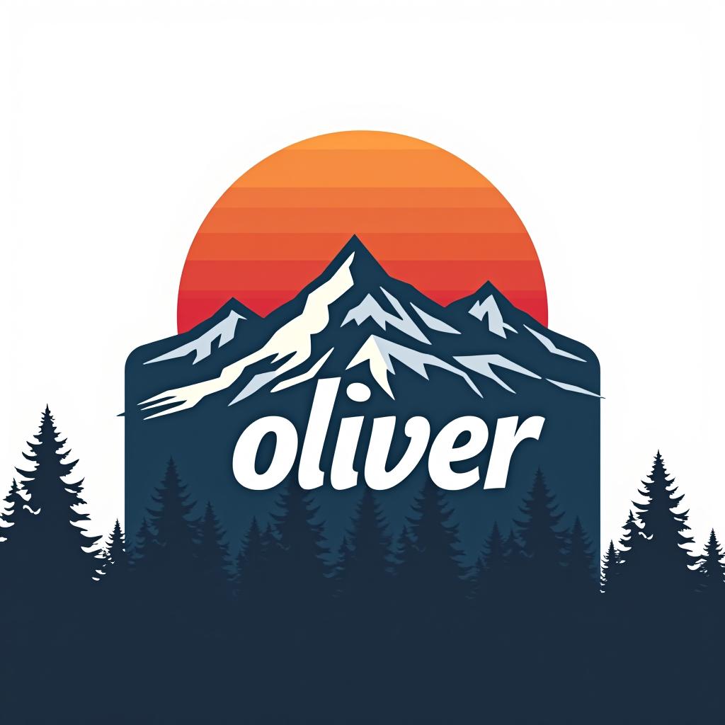  design a logo, custom sticker design on an isolated white background with the bold words ‘oliver’ with a backdrop of a mountain range, and silhouettes of pine trees at sunset