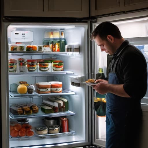 A photo of a skilled appliance technician inspecting the inner workings of a refrigerator in a dimly lit kitchen during early evening. The soft glow of the fridge's interior light casts a warm and intimate ambiance, highlighting the technician's focused expression and the intricate details of the appliance components. The contrast between light and shadows adds depth and mystery to the scene, enhancing the sense of expertise and precision required for appliance service.