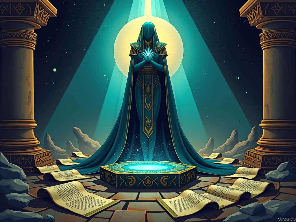  sacred scrolls scattered around the benben stone, celestial light illuminating secrets, aura of universal knowledge. the style is digital art illustration / modern comic book / mysterious occult, symbolic, esoteric vibe,high detail on character design, incorporating ancient egyptian symbology and attire.