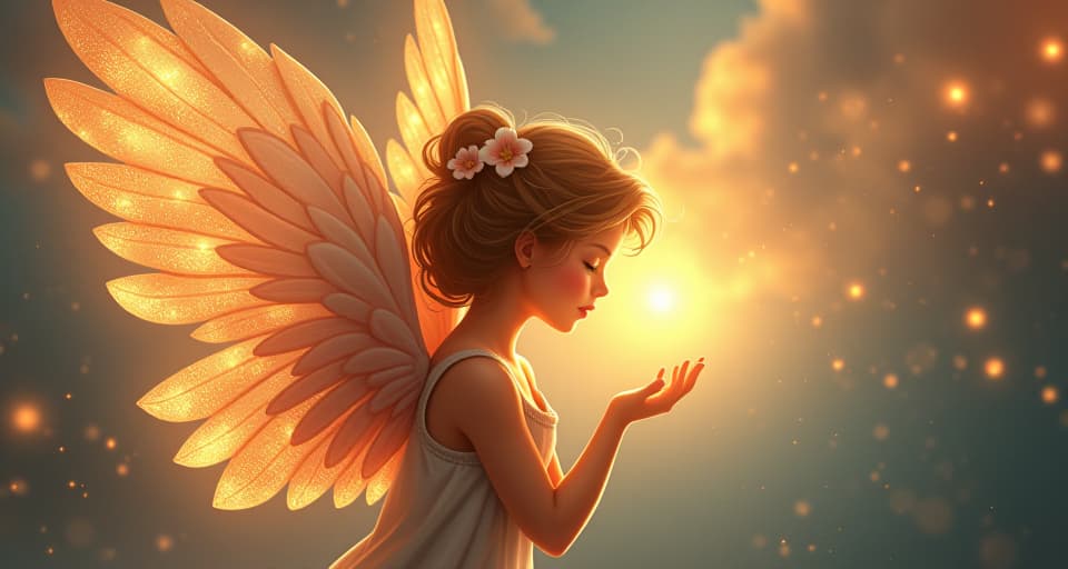  a radiant angel with glowing floral wings, whispering towards a celestial being, light beams symbolizing divine guidance, celestial and purposeful.. the style is digital art illustration,highly detailed, whimsical,magical, dreamlike atmosphere, realism and fantasy blend, smooth, glossy textures,luminous quality, wonder and enchantment.